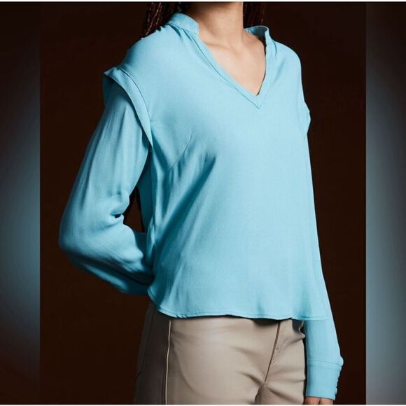 Rachel Comey Veracity Teal Blue V Neck Long Sleeve Blouse Viscose Women’s Size 8 - Picture 1 of 13